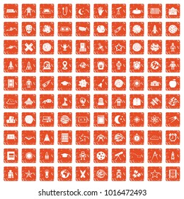100 astronomy icons set in grunge style orange color isolated on white background vector illustration