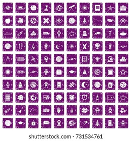 100 astronomy icons set in grunge style purple color isolated on white background vector illustration