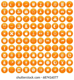100 astronomy icons set in orange circle isolated vector illustration