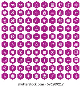 100 astronomy icons set in violet hexagon isolated vector illustration
