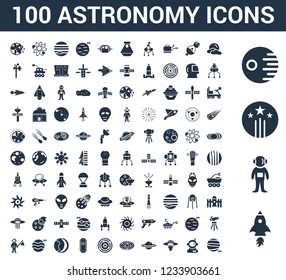 100 astronomy universal icons set with Rocket Start, Astronaut Ingravity, Shooting Star, Death Big Moon, User, UFO and Cow, Saturn, Galaxy View, Solar System