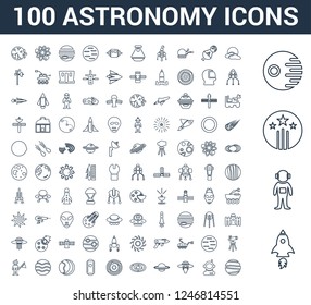 100 astronomy universal linear icons set with Rocket Start, Astronaut Ingravity, Shooting Star, Death Big Moon, User, UFO and Cow, Saturn, Galaxy View, Solar System