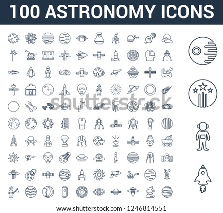100 astronomy universal linear icons set with Rocket Start, Astronaut Ingravity, Shooting Star, Death Big Moon, User, UFO and Cow, Saturn, Galaxy View, Solar System