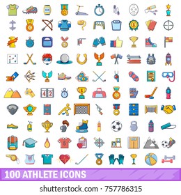 100 athlete icons set. Cartoon illustration of 100 athlete vector icons isolated on white background