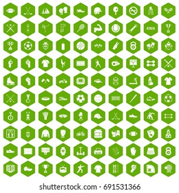 100 athlete icons set in green hexagon isolated vector illustration