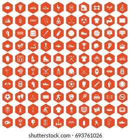 100 athlete icons set in orange hexagon isolated vector illustration