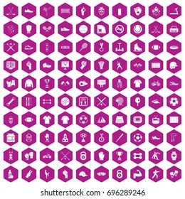 100 athlete icons set in violet hexagon isolated vector illustration