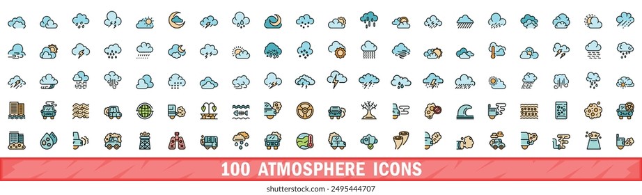 100 iconos de atmósfera. Conjunto de línea de color de iconos vectoriales de atmósfera línea fina de color plana en blanco