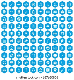 100 audience icons set in blue hexagon isolated vector illustration