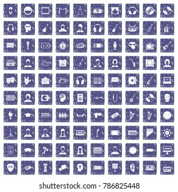 100 audience icons set in grunge style sapphire color isolated on white background vector illustration