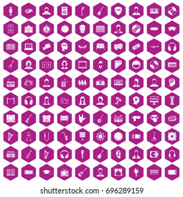 100 audience icons set in violet hexagon isolated vector illustration