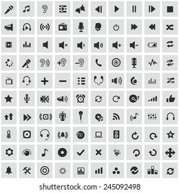 100 audio icons, black on square gray background 