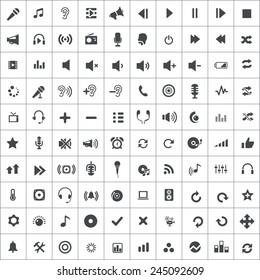 100 audio icons, black on square white background 