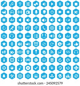 100 audio icons, blue hexagon background 