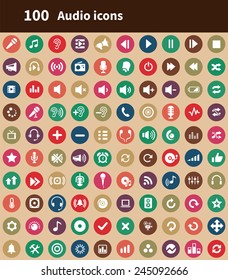 100 audio icons, brown background 