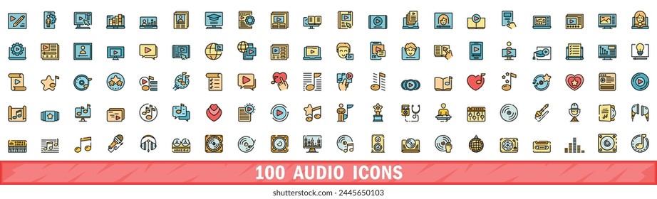 100 audio icons set. Color line set of audio vector icons thin line color flat on white