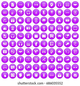 100 audio icons set in purple circle isolated on white vector illustration