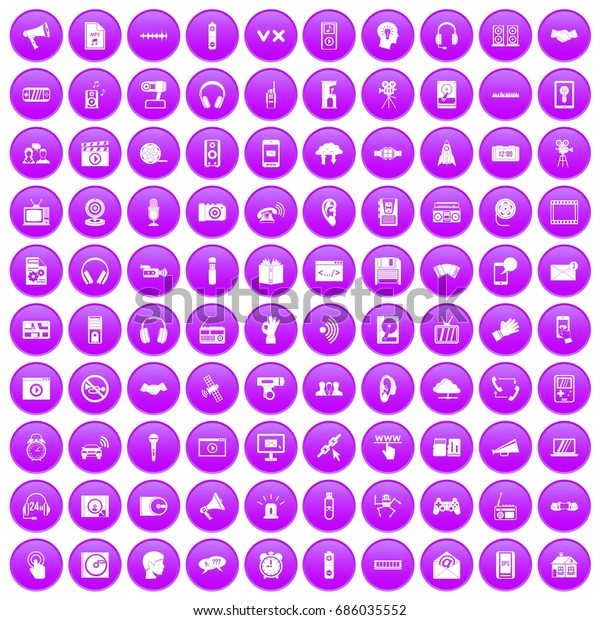 100 audio icons set in purple circle\
isolated on white vector\
illustration