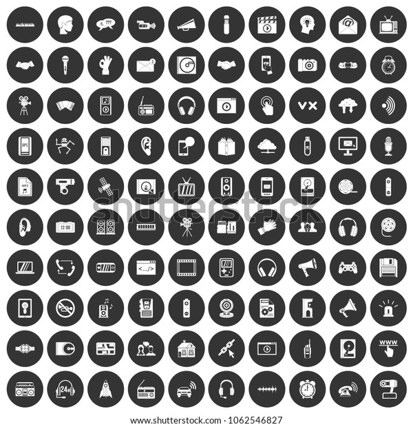 100\
audio icons set in simple style white on black circle color\
isolated on white background vector\
illustration