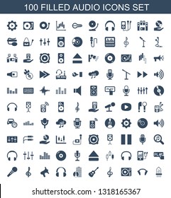 100 audio icons. Trendy audio icons white background. Included filled icons such as musical instrument, earphones, gramophone, treble clef, guitar. audio icon for web and mobile.