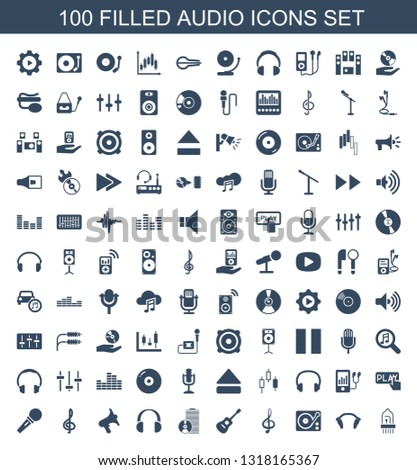 100 audio icons. Trendy audio icons white background. Included filled icons such as musical instrument, earphones, gramophone, treble clef, guitar. audio icon for web and mobile.
