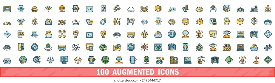 100 augmented icons set. Color line set of augmented vector icons thin line color flat on white