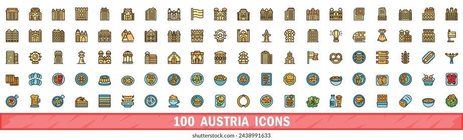 100 austria icons set. Color line set of austria vector icons thin line color flat on white