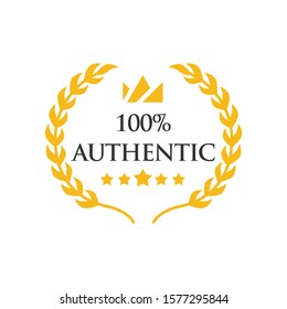 100% Authentic brand icon, Laurel wreath label badge isolated, Vector illustration