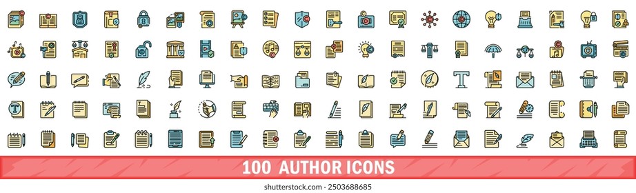 100 author icons set. Color line set of author vector icons thin line color flat on white