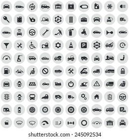 100 Auto Icons, Black On Circle Gray Background 