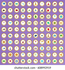 100 auto icons set in cartoon style on purple background vector illustration