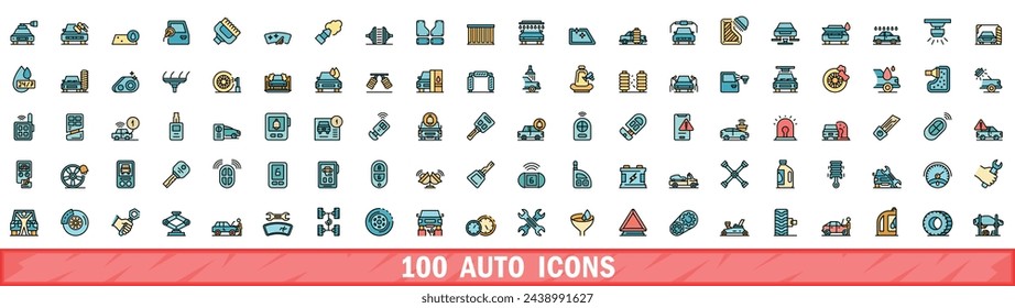 100 auto icons set. Color line set of auto vector icons thin line color flat on white