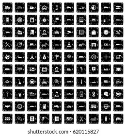 100 auto icons set in grunge style isolated vector illustration