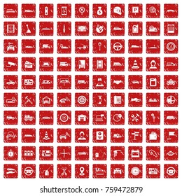 100 auto icons set in grunge style red color isolated on white background vector illustration