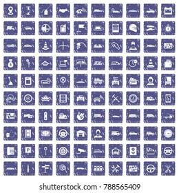 100 auto icons set in grunge style sapphire color isolated on white background vector illustration