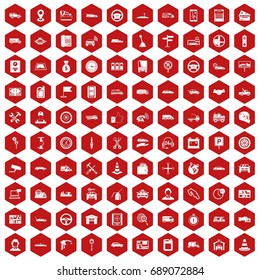 100 auto icons set in red hexagon isolated vector illustration