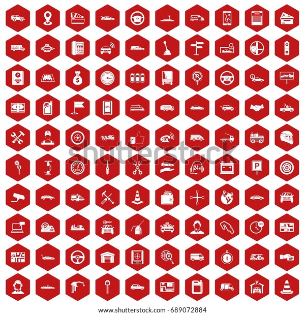 100 auto icons set in red hexagon isolated\
vector illustration