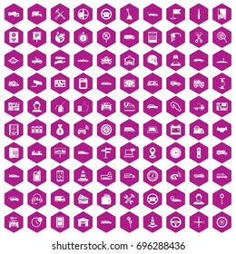 100 auto icons set in violet hexagon isolated vector illustration