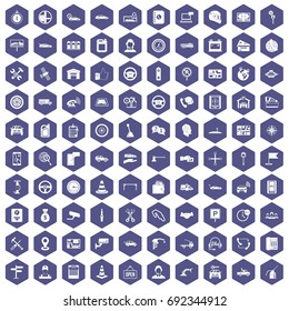 100 auto service icons set in purple hexagon isolated vector illustration