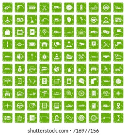 100 auto service icons set in grunge style green color isolated on white background vector illustration