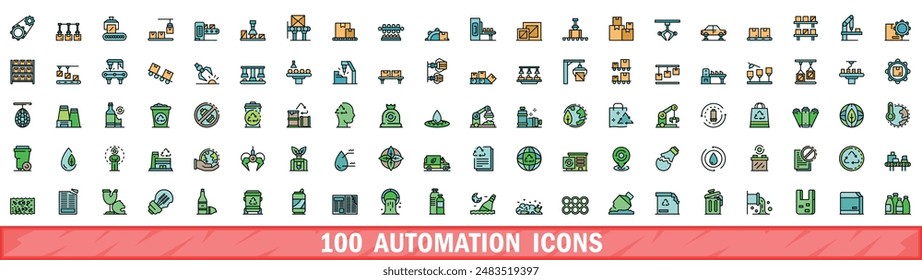 100 automation icons set. Color line set of automation vector icons thin line color flat on white