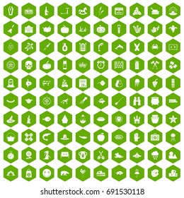 100 autumn holidays icons set in green hexagon isolated vector illustration