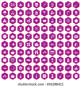 100 autumn holidays icons set in violet hexagon isolated vector illustration