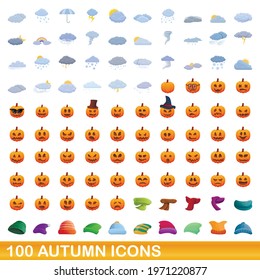 100 autumn icons set. Cartoon illustration of 100 autumn icons vector set isolated on white background