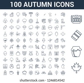 100 autumn universal linear icons set with Maple leaf, Jam, Blanket, Sweater, Wind, Leaf, Winter hat, Socks, Calendar, Sunflower