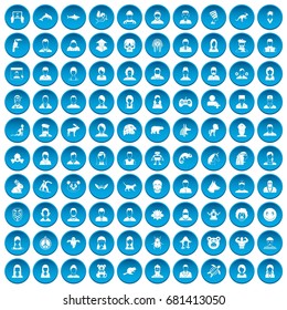 100 avatar icons set in blue circle isolated on white vector illustration