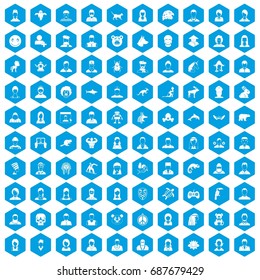 100 avatar icons set in blue hexagon isolated vector illustration