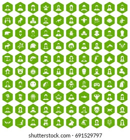 100 avatar icons set in green hexagon isolated vector illustration
