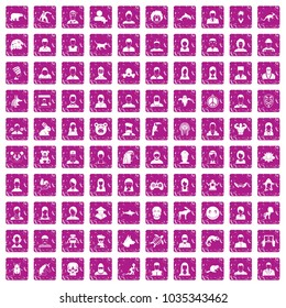 100 avatar icons set in grunge style pink color isolated on white background vector illustration