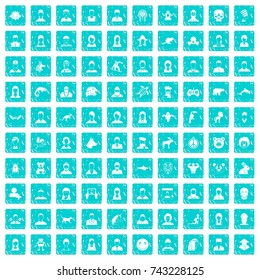 100 avatar icons set in grunge style blue color isolated on white background vector illustration